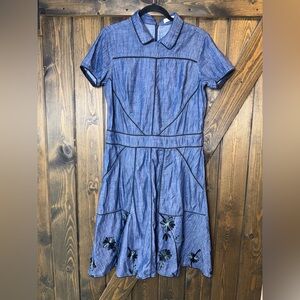 Wayward Fancies eShakti Floral Embroidery Chambray Dress  Boho Cottagecore Sz M